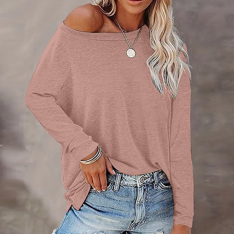 Cross-border foreign trade European and American casual color cotton solid color long-sleeved T-shirt womens spring and autumn loose net version bottoming shirt custom Lotus root color 
