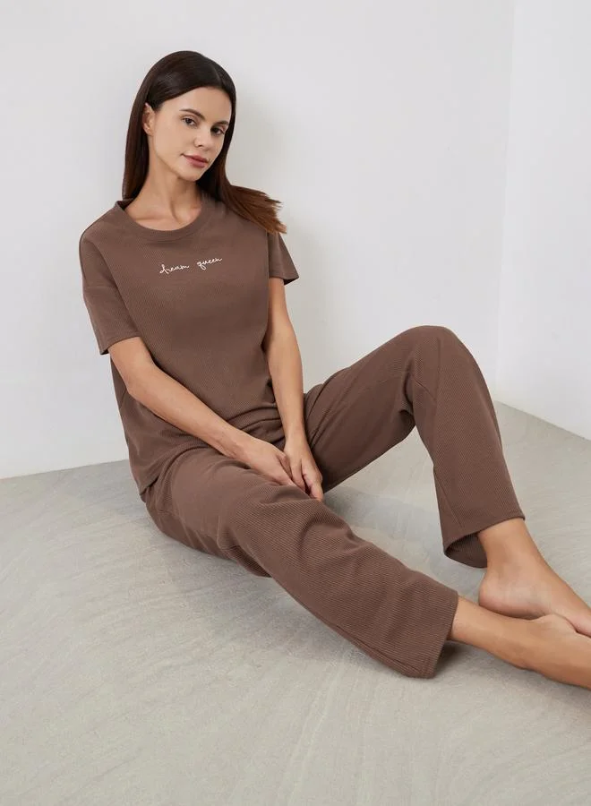 Styli Styli Brown Ribbed T-Shirt and Long Pyjama Set