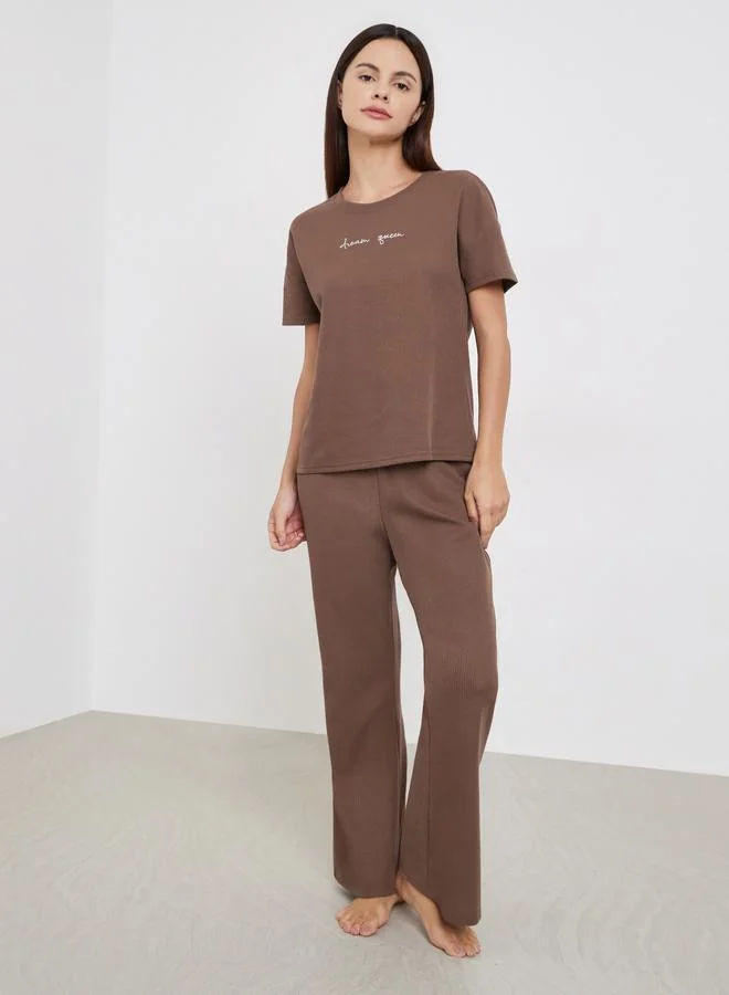 Styli Styli Brown Ribbed T-Shirt and Long Pyjama Set