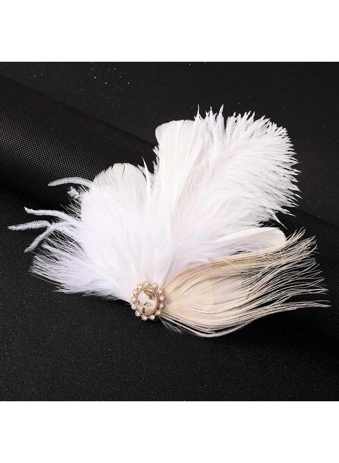GENBREE 1920S Flapper Headband White Feather Hair Clip Rhinestone Headpiece Prom Party Hair Accessories For Women And Girls (Pattern 2)  - Image 2