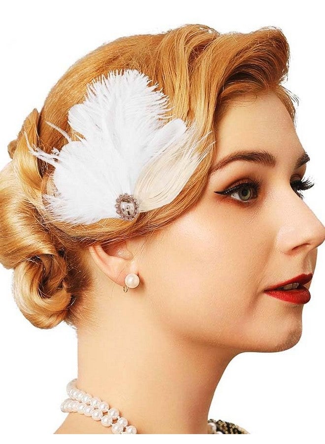 GENBREE 1920S Flapper Headband White Feather Hair Clip Rhinestone Headpiece Prom Party Hair Accessories For Women And Girls (Pattern 2)  - Image 1
