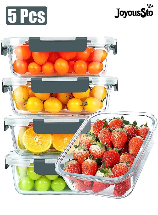 متجر الفرح 5 قطع 1040 مل (35 أونصة) من حاويات تحضير الوجبات الزجاجية مع أغطية، حاويات تخزين الطعام مع أغطية قفل كبس، حاويات غداء محكمة الإغلاق، ميكروويف، فرن، مجمد وغسالة أطباق - Image 1