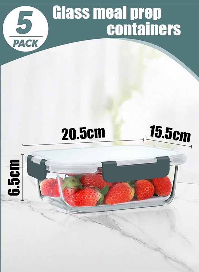 متجر الفرح 5 قطع 1040 مل (35 أونصة) من حاويات تحضير الوجبات الزجاجية مع أغطية، حاويات تخزين الطعام مع أغطية قفل كبس، حاويات غداء محكمة الإغلاق، ميكروويف، فرن، مجمد وغسالة أطباق - Image 3