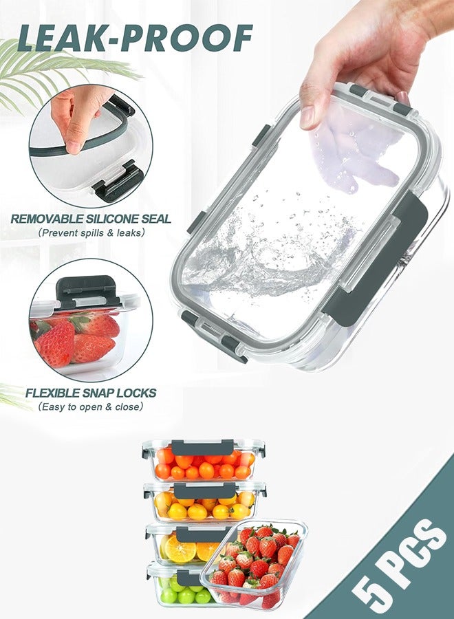 متجر الفرح 5 قطع 1040 مل (35 أونصة) من حاويات تحضير الوجبات الزجاجية مع أغطية، حاويات تخزين الطعام مع أغطية قفل كبس، حاويات غداء محكمة الإغلاق، ميكروويف، فرن، مجمد وغسالة أطباق - Image 4