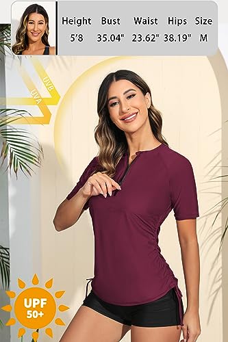 Halcurt Women's Half Zip Short Sleeve Rash Guard Swimsuit Top Ruched Swim Shirt UPF50+ Quick Dry Bathing Suit Burgundy M - Image 3