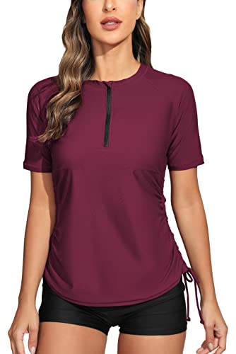 Halcurt Women's Half Zip Short Sleeve Rash Guard Swimsuit Top Ruched Swim Shirt UPF50+ Quick Dry Bathing Suit Burgundy M - Image 1