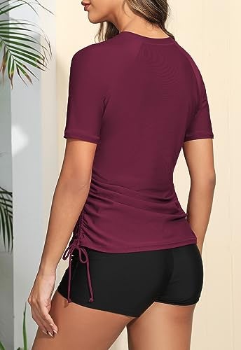 Halcurt Women's Half Zip Short Sleeve Rash Guard Swimsuit Top Ruched Swim Shirt UPF50+ Quick Dry Bathing Suit Burgundy M - Image 5
