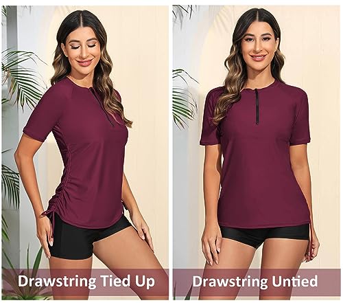 Halcurt Women's Half Zip Short Sleeve Rash Guard Swimsuit Top Ruched Swim Shirt UPF50+ Quick Dry Bathing Suit Burgundy M - Image 2