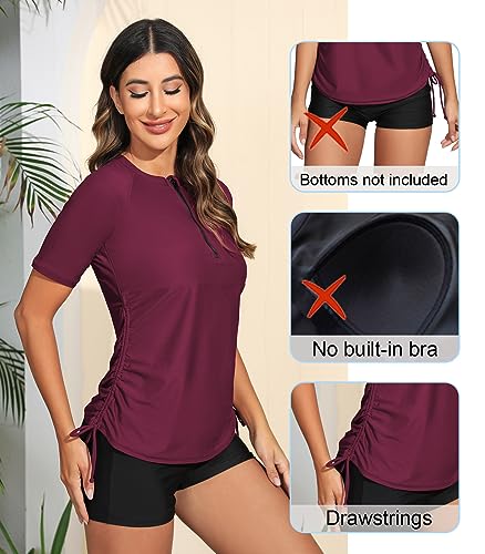 Halcurt Women's Half Zip Short Sleeve Rash Guard Swimsuit Top Ruched Swim Shirt UPF50+ Quick Dry Bathing Suit Burgundy M - Image 4