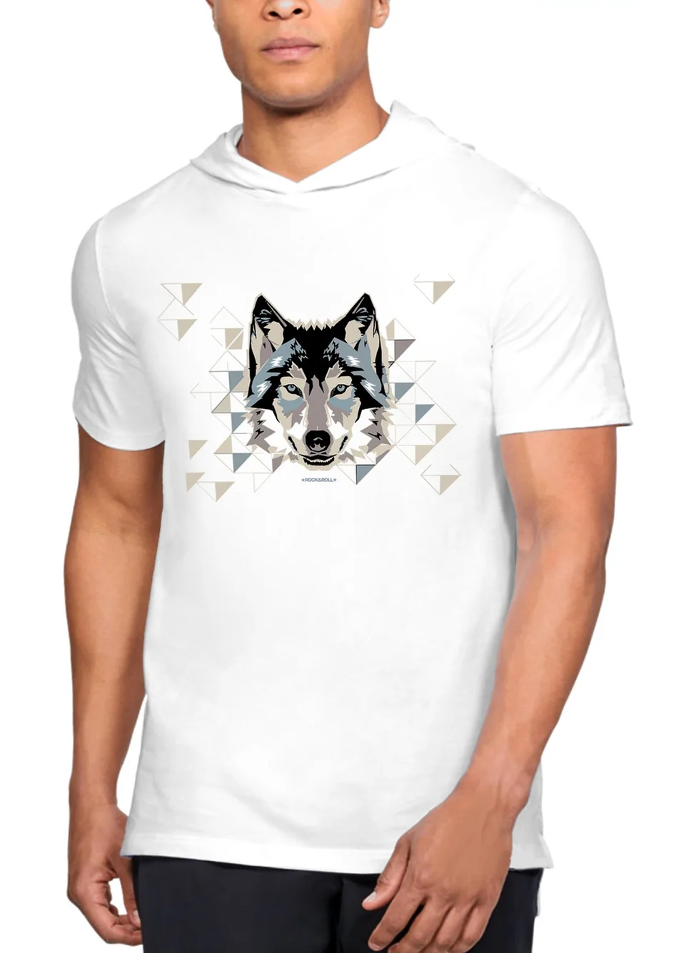 Rock&Roll Geometric Wolf Hooded White Short Sleeve Men's T-Shirt