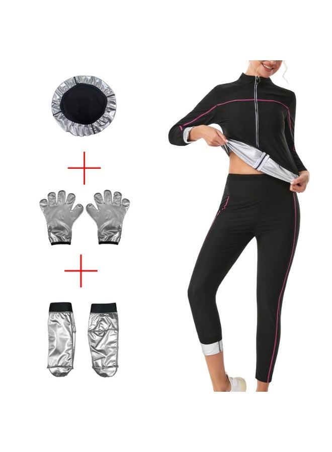 يس طقم ساونا نسائي، بأكمام طويلة + بنطال + قفازات + جوارب + قبعة، لحرق المزيد من السعرات الحرارية والتعرق بشكل أكبر، زي رياضي مُعزز للتعرق لإنقاص الوزن - Image 2