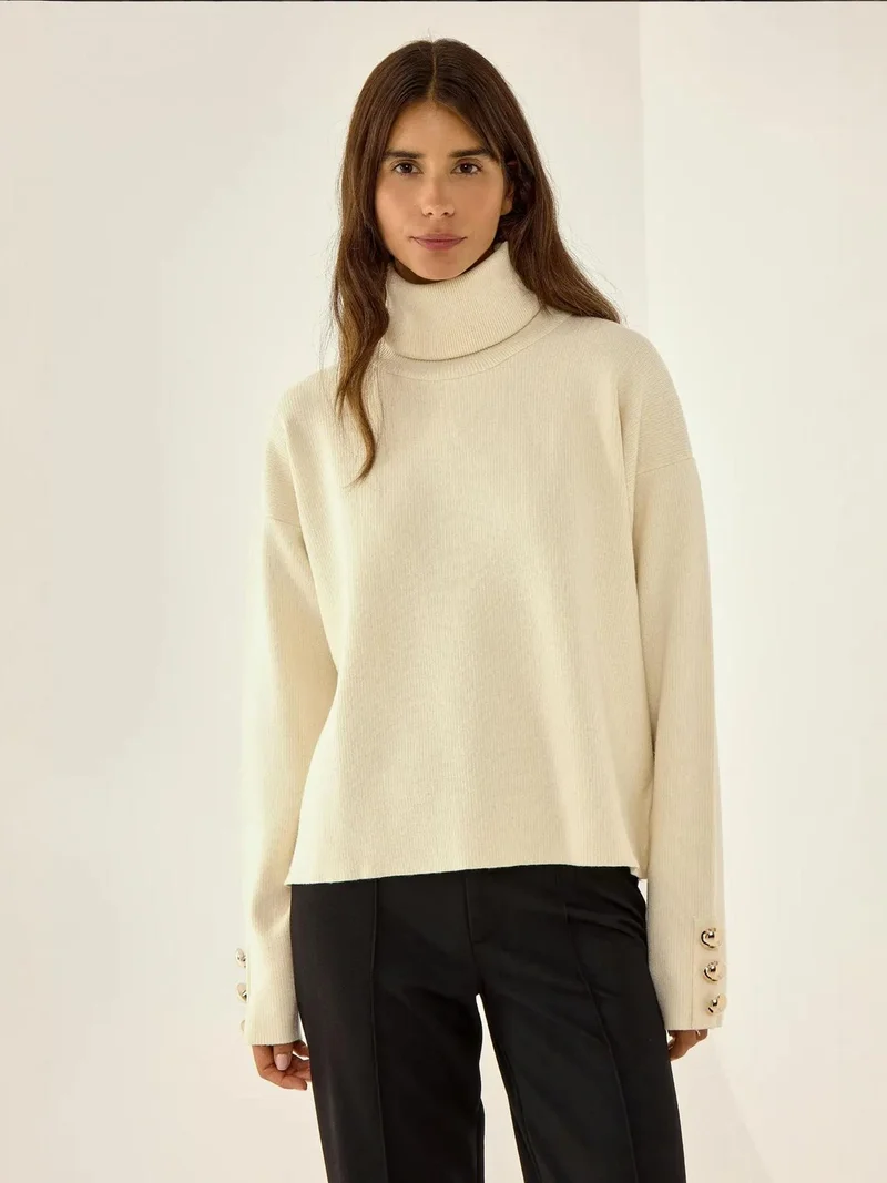 HICCUP Thick Cream Jumper with Gold Button Details