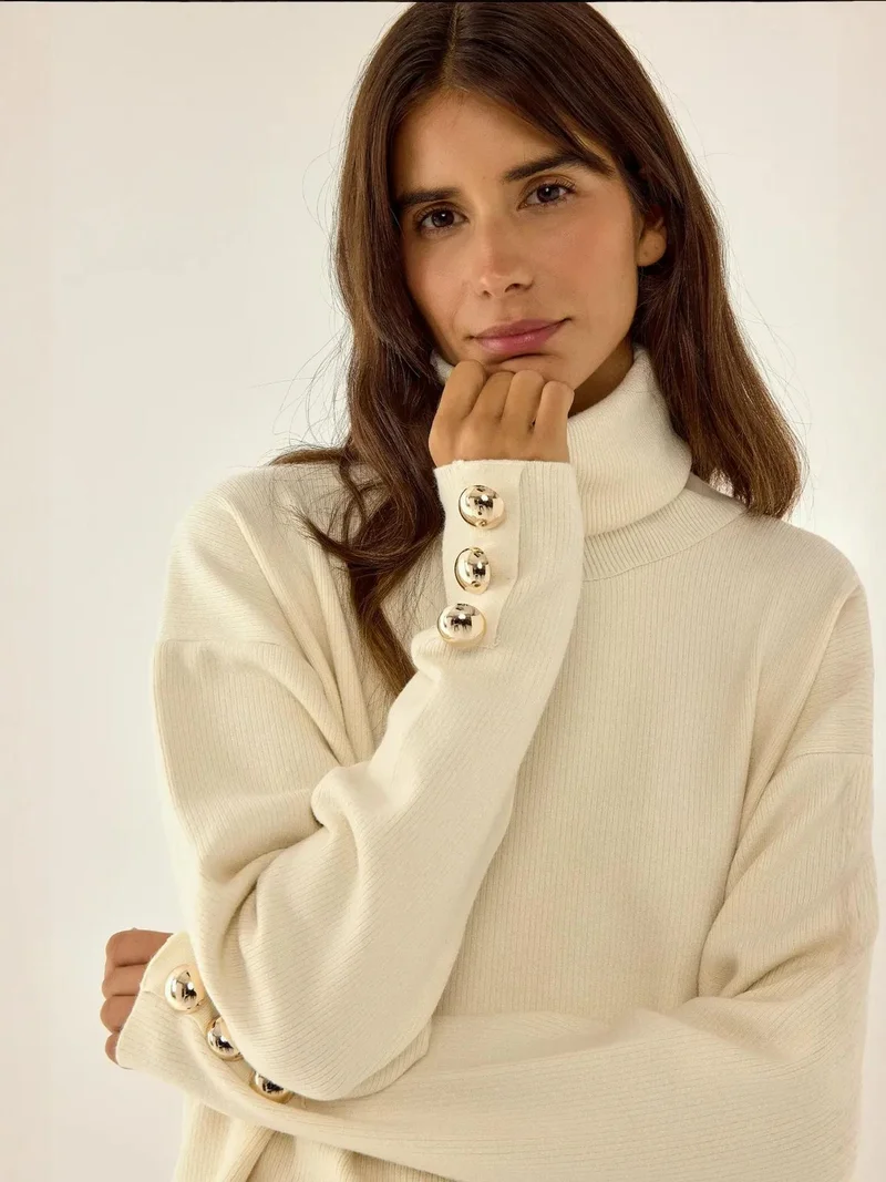 HICCUP Thick Cream Jumper with Gold Button Details