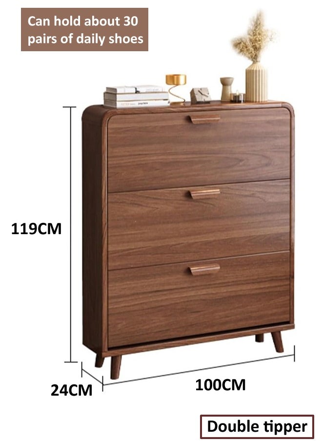 fashionhome - 3 Tiers Flip Down Round Corner Design Shoe Cabinet Narrow Entryway Shoe Organizer Durable Wood Shoe Rack with Display Shelf for Living Room Hallway 100x24x119 cm - Image 1