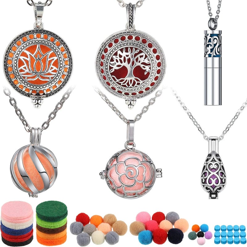 Hicarer Hicarer 6 Pcs Essential Oil Diffuser Necklace for Women, Aromatherapy Locket Pendant Stainless Steel Scent Necklace with 60 Pieces Refill Pads and Balls for Men Women Jewelry Accessory Birthday Gift 