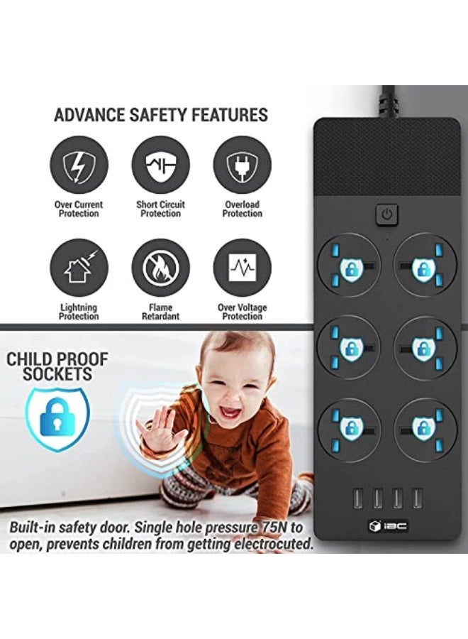 UK Extension Lead with 4 (2.1A) USB Slots , 6 Gang Electrical Sockets & Built-in Fuse, 3000W Surge & Shutter Protected 5M/16.4FT Wall Mount Extension Cable (Black) - Image 1