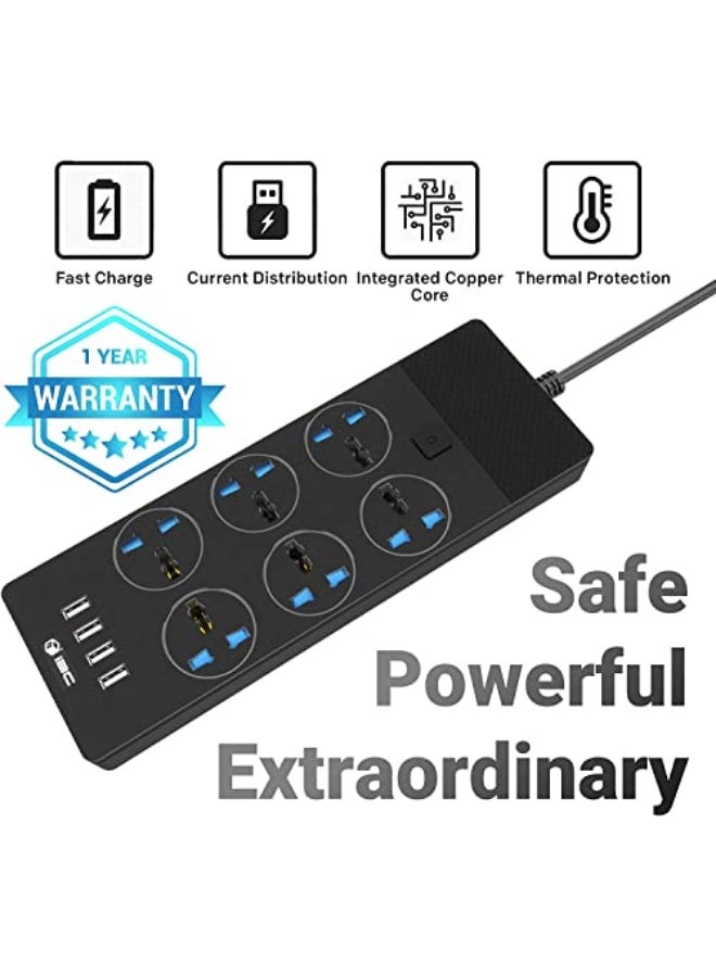 UK Extension Lead with 4 (2.1A) USB Slots , 6 Gang Electrical Sockets & Built-in Fuse, 3000W Surge & Shutter Protected 5M/16.4FT Wall Mount Extension Cable (Black) - Image 2