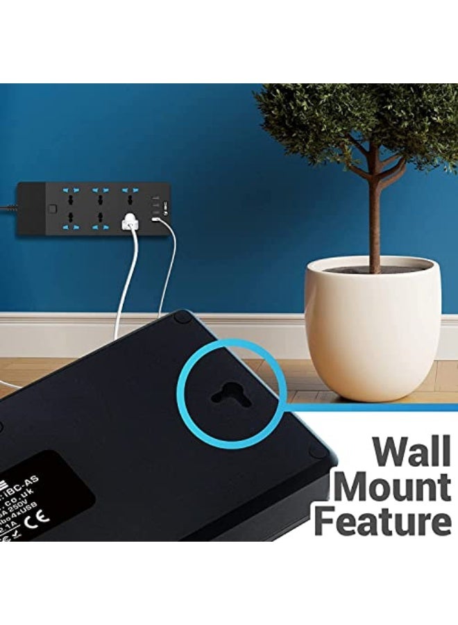 UK Extension Lead with 4 (2.1A) USB Slots , 6 Gang Electrical Sockets & Built-in Fuse, 3000W Surge & Shutter Protected 5M/16.4FT Wall Mount Extension Cable (Black) - Image 3