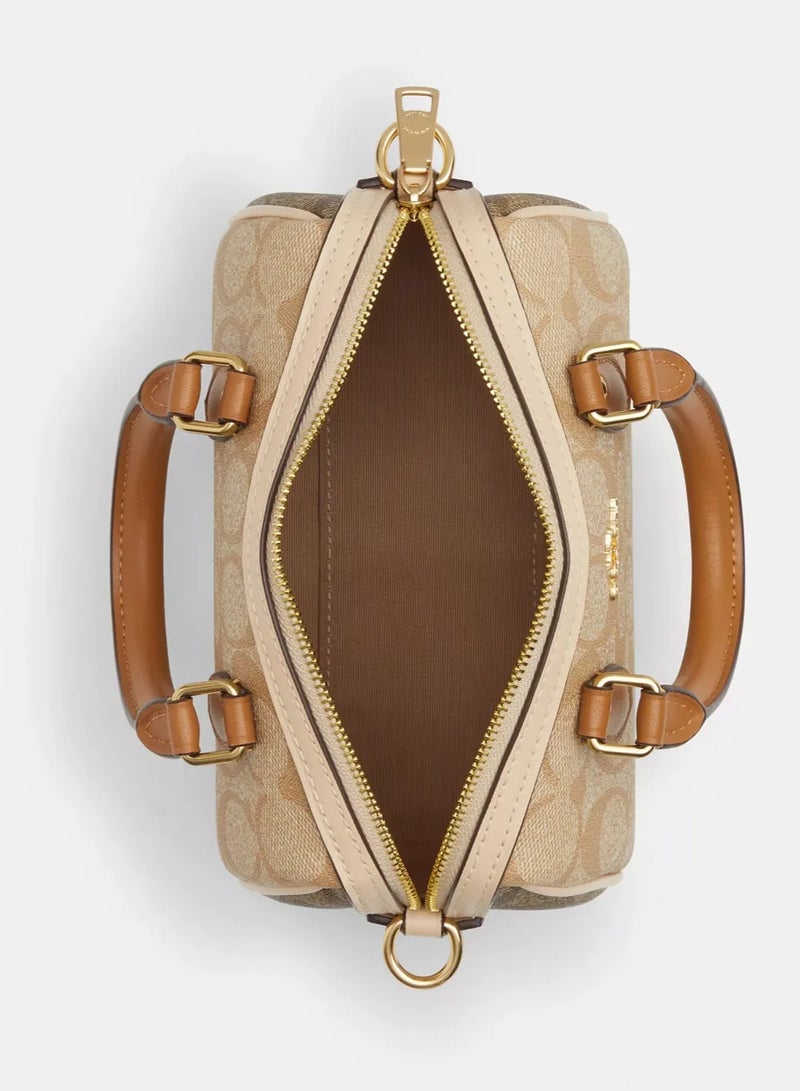 كوتش اوت ليت حقيبة كوتش ميني روان ساتشل من قماش سيجنيتشر، حقيبة توت نسائية، حقيبة كتف نسائية، حقيبة يد نسائية، حقيبة سفر نسائية، بيج-بني، 19 سم - Image 3