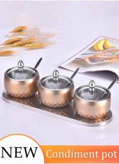 3pcs Spice Jar Set Stainless Steel Seasoning Jar with Glass Lid and Spoon Set Condiment Jars Salt Container Seasoning Box with Cover and Spoon Sugar Bowl for Kitchen, Counter, Food Storage
