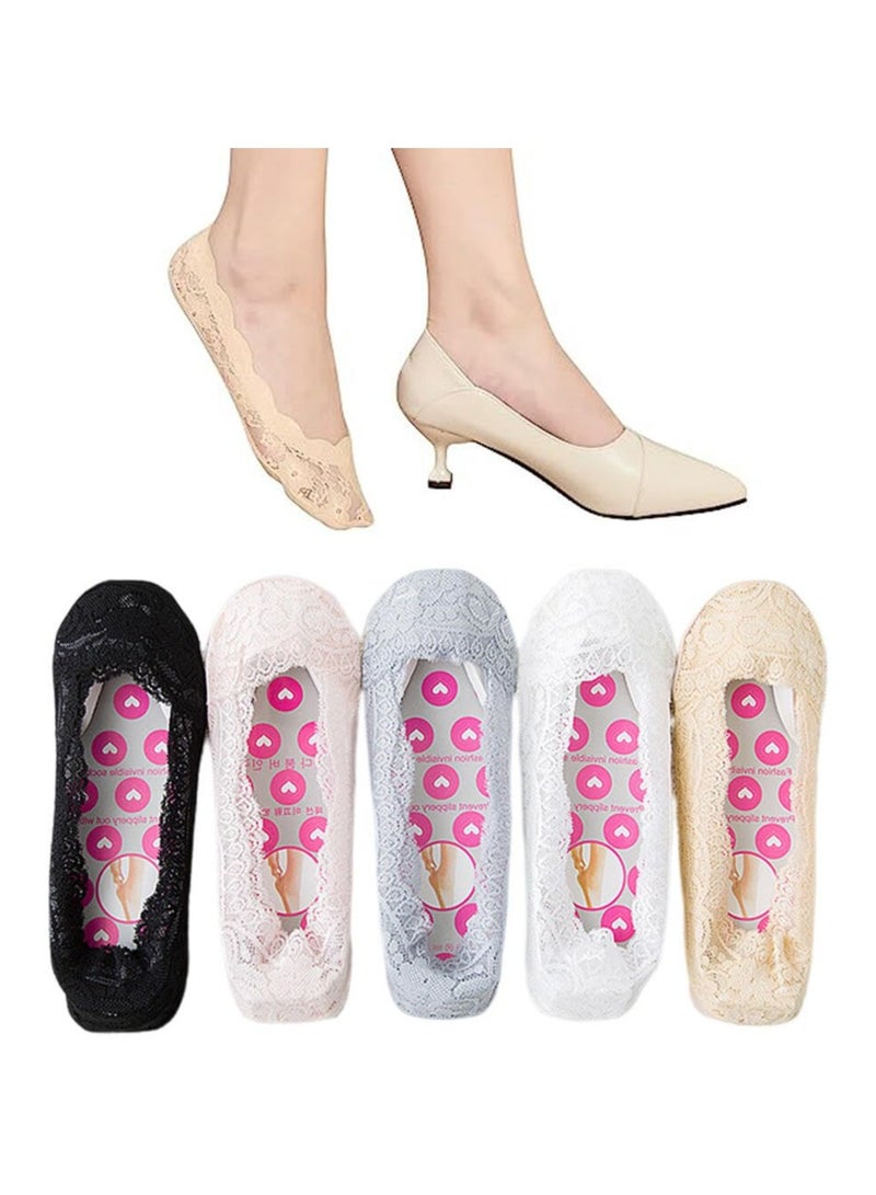CMGTYYD. ٥ أزواج من جوارب الدانتيل غير الظاهرة للنساء - طقم جوارب صيفية غير مرئية، مصنوع من القطن غير القابل للانزلاق، وشبكة مسامية، وبطانة داخلية غير ظاهرة للنساء والفتيات - Image 1