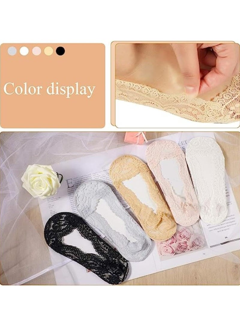 CMGTYYD. ٥ أزواج من جوارب الدانتيل غير الظاهرة للنساء - طقم جوارب صيفية غير مرئية، مصنوع من القطن غير القابل للانزلاق، وشبكة مسامية، وبطانة داخلية غير ظاهرة للنساء والفتيات - Image 5