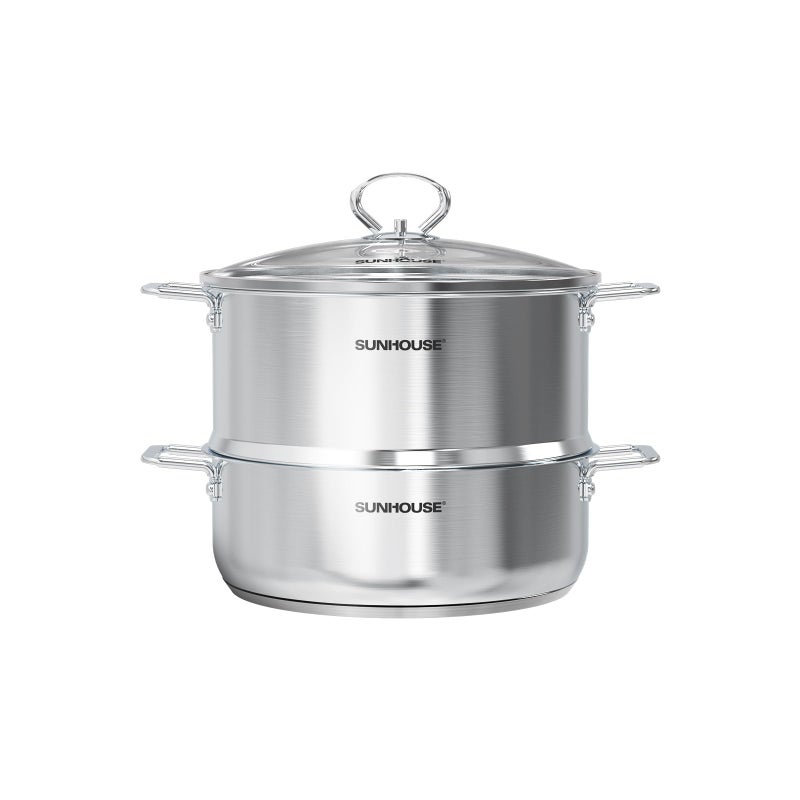 SUNHOUSE 2Tier Stainless Steel Steamer Pot with Lid  Larger 55 QT Steamer  38 QT Stockpot Base  Induction Ready Compatible with All Cooktops  Multipurpose for Vegetables  Dumplings