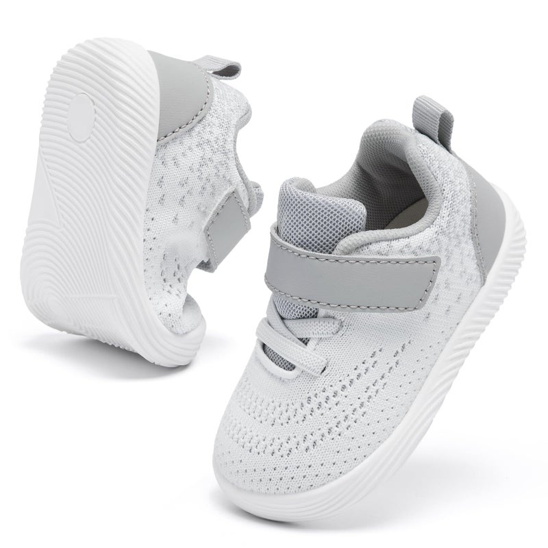 MORENDL Toddler Sneakers Baby Boys & Girls Barefoot Shoes Lightweight Breathable Walking Running Tennis Athletic Sport Shoes White Gray 18-24 Months Size 6.5 - Image 1