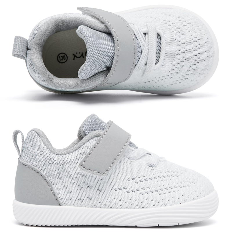MORENDL Toddler Sneakers Baby Boys & Girls Barefoot Shoes Lightweight Breathable Walking Running Tennis Athletic Sport Shoes White Gray 18-24 Months Size 6.5 - Image 5