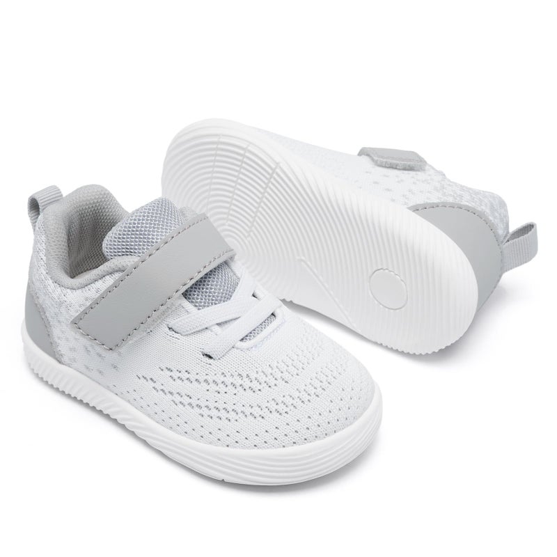 MORENDL Toddler Sneakers Baby Boys & Girls Barefoot Shoes Lightweight Breathable Walking Running Tennis Athletic Sport Shoes White Gray 18-24 Months Size 6.5 - Image 4