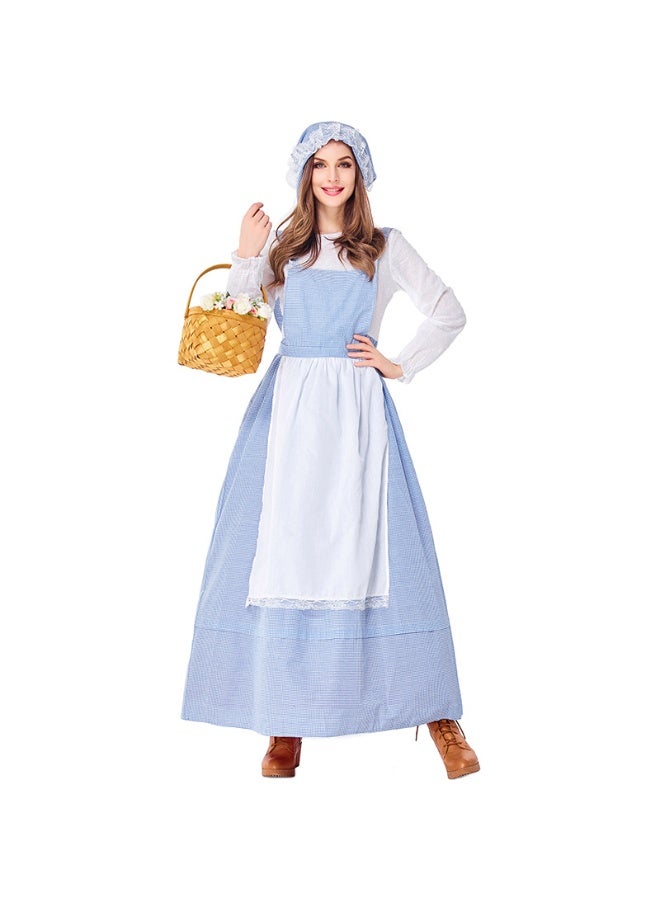 NIBEMINENT Sky blue checkered chef's dress, a country-style parent-child performance costume - Image 1