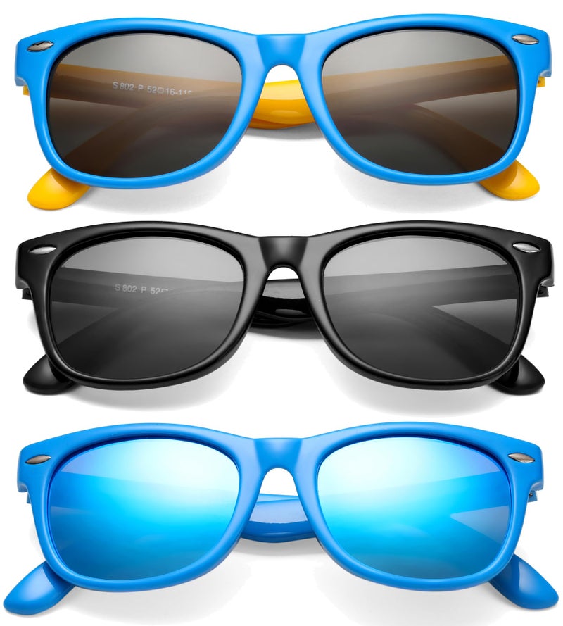NULOOQ Kids Polarized Sunglasses for Boys Girls â€“ TPEE Unbreakable Flexible Frame UV400 Protection Age 3-8 (Black + Blue/Blue + Blue Yellow) - 3 Pack - Image 1