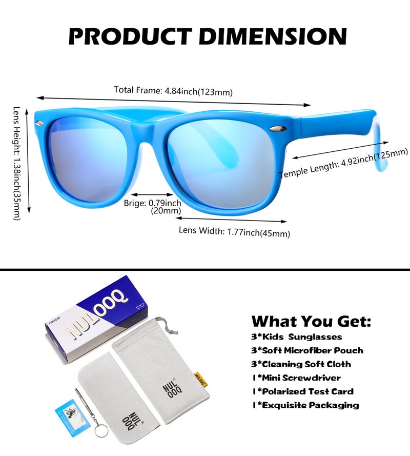 NULOOQ Kids Polarized Sunglasses for Boys Girls â€“ TPEE Unbreakable Flexible Frame UV400 Protection Age 3-8 (Black + Blue/Blue + Blue Yellow) - 3 Pack - Image 4