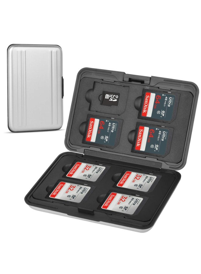 Peachjoy Aluminum Shock Resistant Carrying Box Memory Card Storage Case Holder 8 Slots for SD SDHC MMC Micro SD TF Cards Silver - Image 1