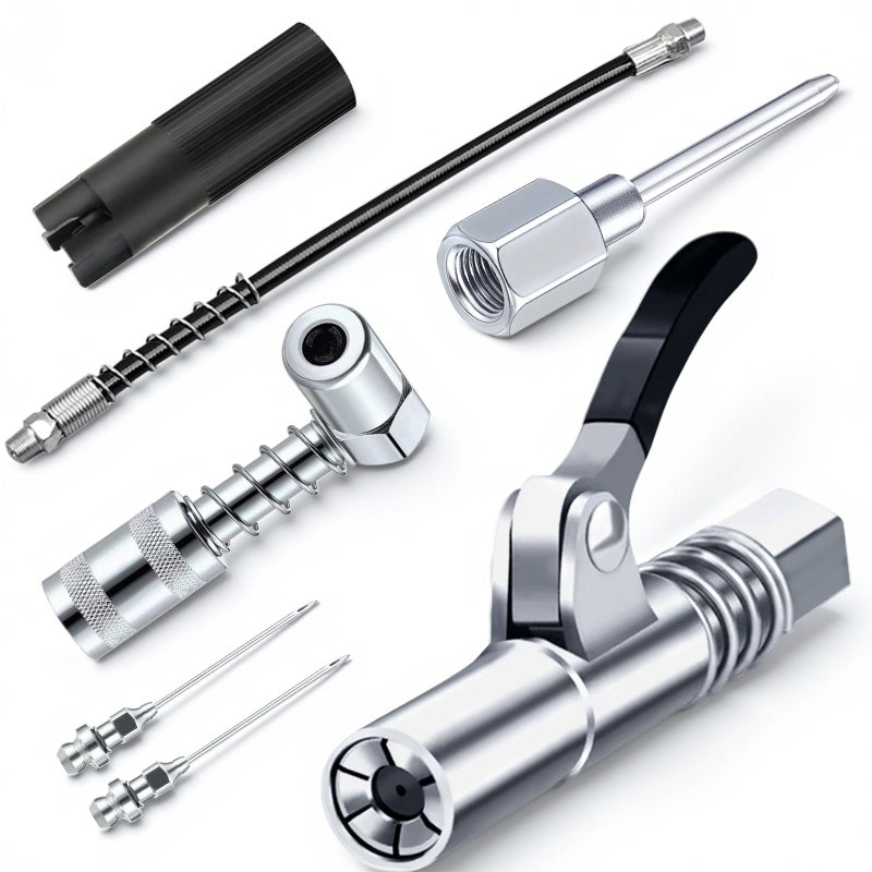 GATTLELIC Grease Gun Accessory Kit,includes Grease Needle Dispenser, 2pcs Grease Needle Nozzles, 90 Degree Grease Coupler Adapter with Sleeves, Grease Gun Coupler, 12 Inch Grease-Gun-Hose, Zerk Fitting Cleaner - Image 1