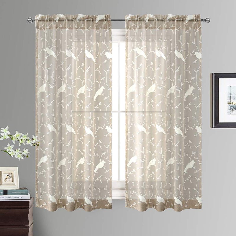 VOGOL VOGOL Sheer Curtains 63 Inch Length White Bird Embroidered Taupe Sheer Curtains for Bedroom Kitchen Small Windows W42 X L63 2Panel Pack 