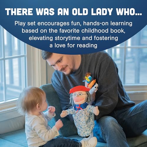 Constructive Playthings Plush "Old Lady" Doll and Animal Finger Puppet Props Set for "There Was An Old Lady Who Live Swallowed a Fly" Children's Book, For Kids Ages 3+ - Image 3