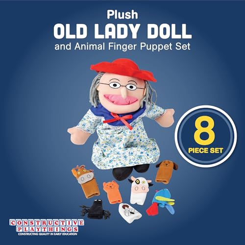 Constructive Playthings Plush "Old Lady" Doll and Animal Finger Puppet Props Set for "There Was An Old Lady Who Live Swallowed a Fly" Children's Book, For Kids Ages 3+ - Image 2