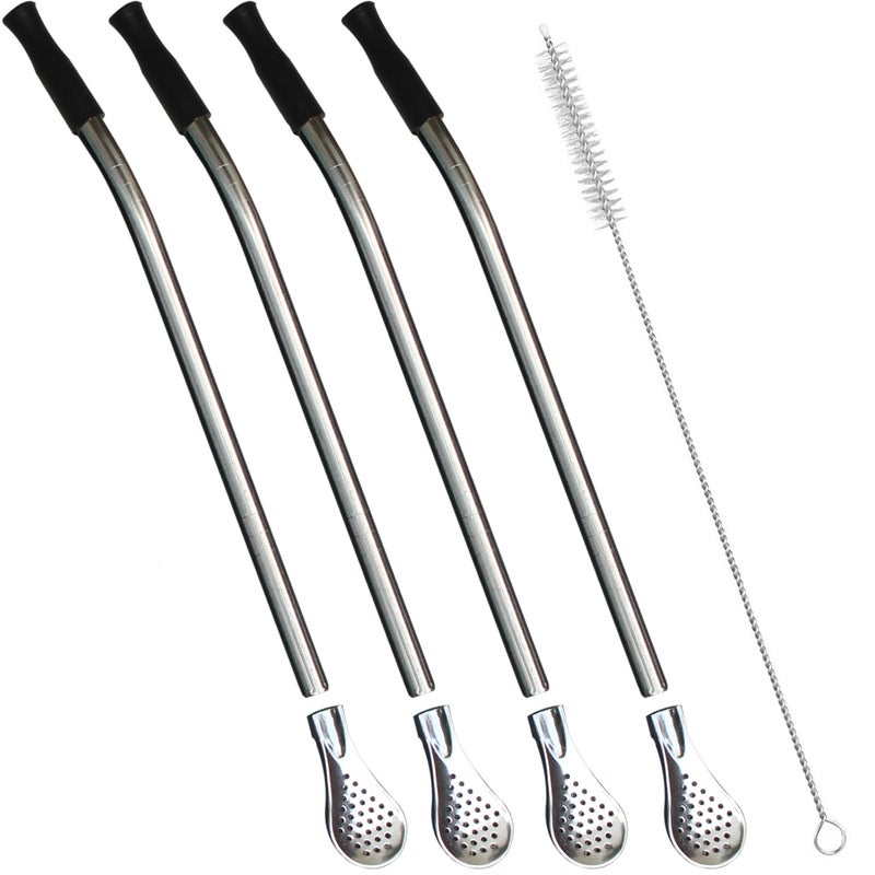 Reusable Bombilla Yerba Mate Straw Stainless Steel Removable Spoon Style Filter with Soft Silicone Tip Metal Straw for Drinking Loose Leaf Tea Coffee Includes Cleaning Brush by BeruthBlack
