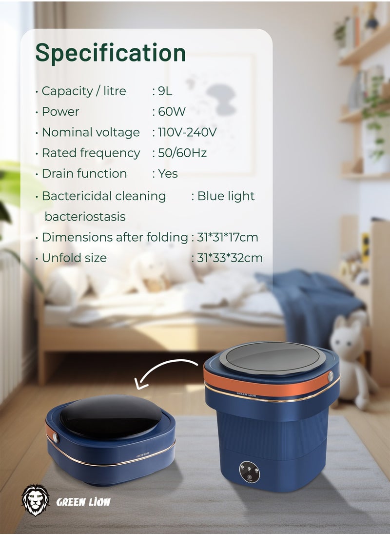 GREEN LION - Foldable Mini Washing Machine 9L / Compact Size / Low Noise Wash / Easy to Use /Drain Function/ Portable Washing Machine - Blue - Image 1