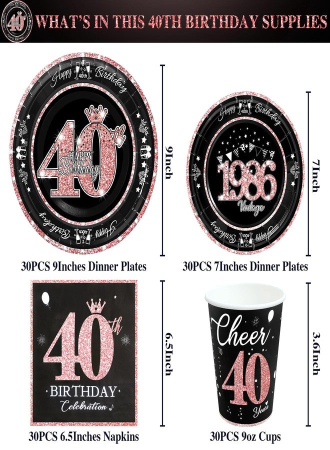 algpty 40th Birthday Decorations Rose Gold, Service for 30, Vintage 40th Birthday Party Supplies Includes Rose Gold 1986 Plates, Napkins,Cups, Plates and Napkins for Women - Image 2