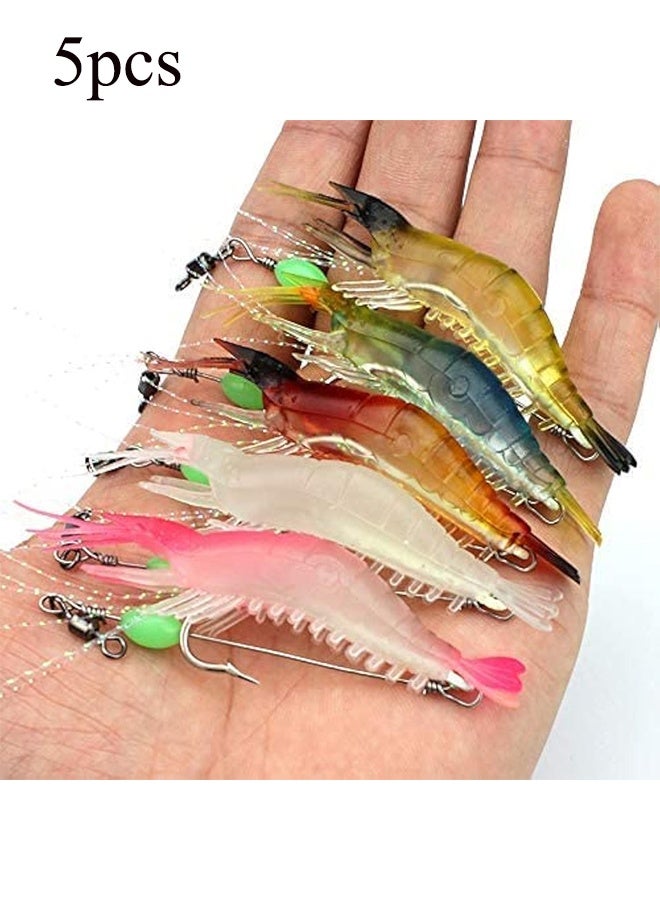 واي جيه مجموعة طُعم صيد مكونة من 5 قطع، حشرات ناعمة مضيئة على شكل روبيان، مجموعة طُعم روبيان بخطافات حادة، عدة صيد للسمك في المياه العذبة والمالحة مثل الباس والتراوت والقرموط - Image 1