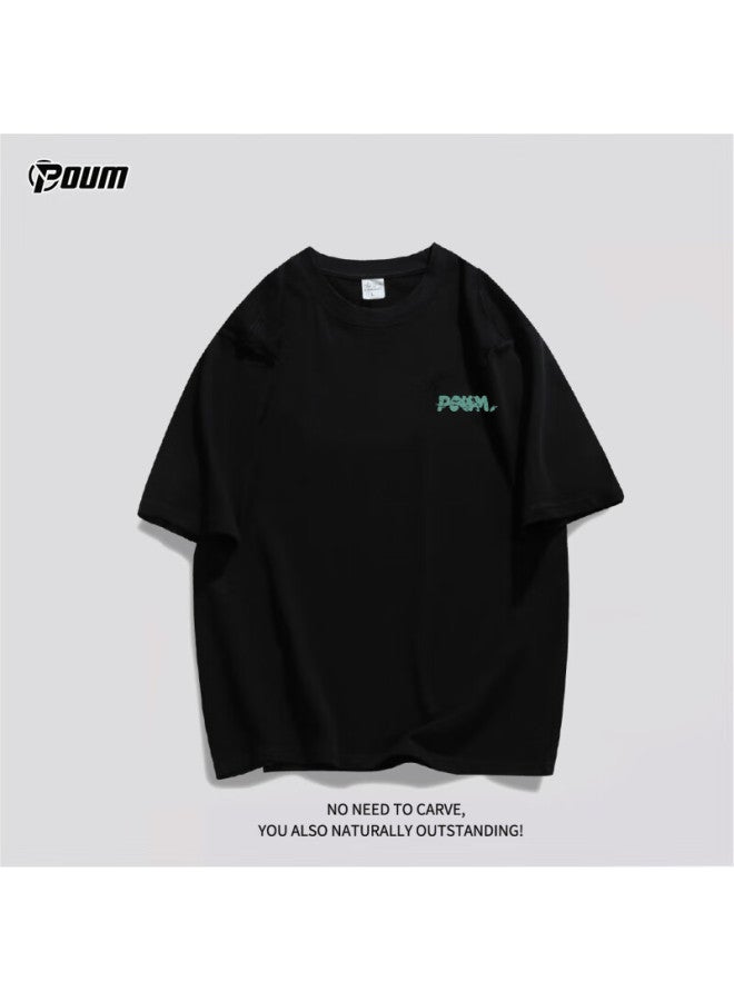 Poum American-style Short-sleeve T-shirt For Men And Women, Summer Lightweight Trendy Loose Casual Cool Pure Cotton Ph06 Black XL - Image 4