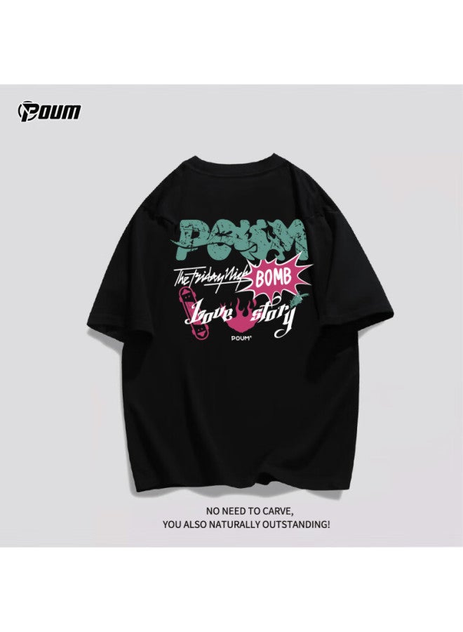 Poum American-style Short-sleeve T-shirt For Men And Women, Summer Lightweight Trendy Loose Casual Cool Pure Cotton Ph06 Black XL - Image 1