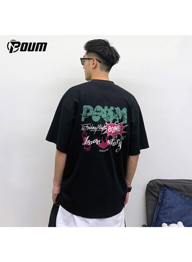 Poum American-style Short-sleeve T-shirt For Men And Women, Summer Lightweight Trendy Loose Casual Cool Pure Cotton Ph06 Black XL - Image 2
