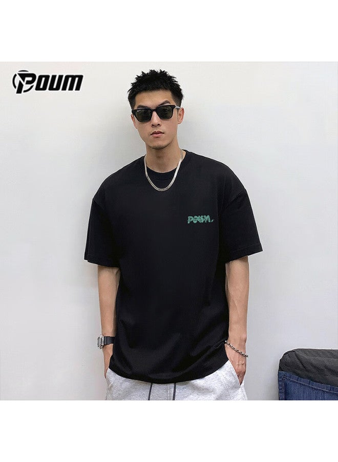 Poum American-style Short-sleeve T-shirt For Men And Women, Summer Lightweight Trendy Loose Casual Cool Pure Cotton Ph06 Black XL - Image 3