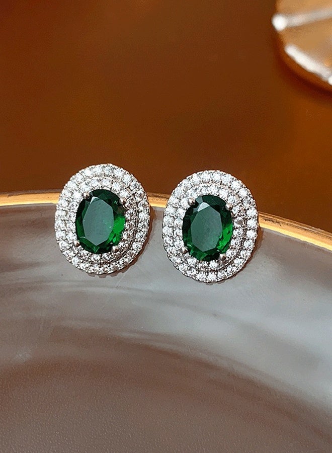 S925 Silver Needle Emerald Zircon Stud Earrings for Women - Oval Green Gem Micro-Inlaid Diamond Retro Luxury Ladies Earrings - Image 1