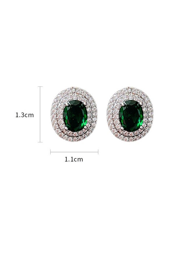 S925 Silver Needle Emerald Zircon Stud Earrings for Women - Oval Green Gem Micro-Inlaid Diamond Retro Luxury Ladies Earrings - Image 5
