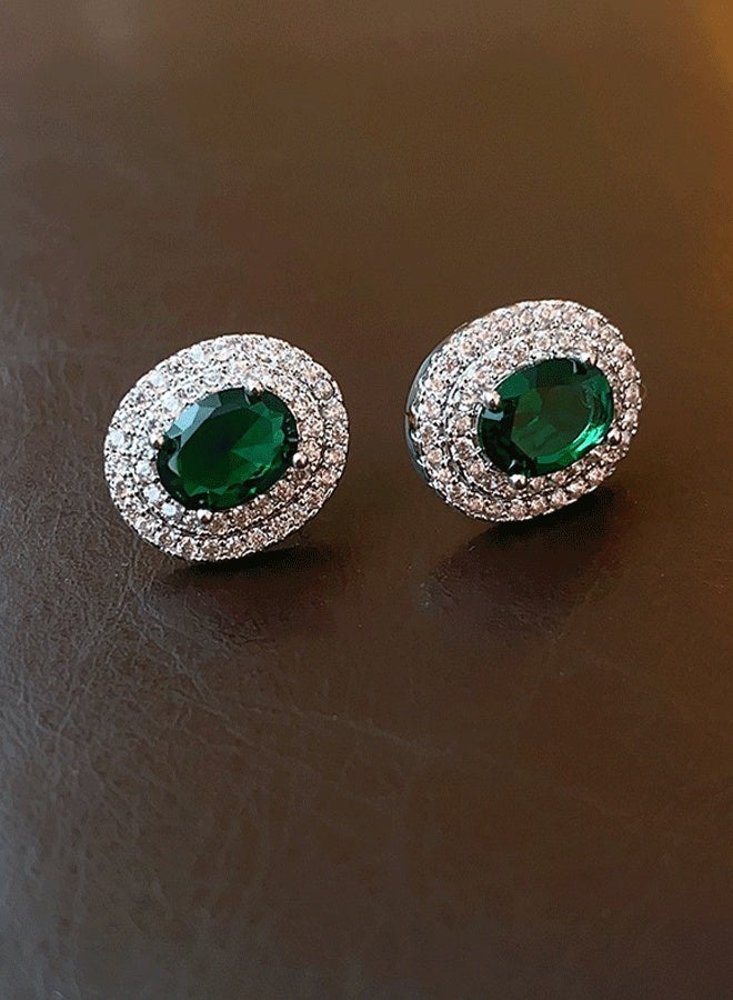 S925 Silver Needle Emerald Zircon Stud Earrings for Women - Oval Green Gem Micro-Inlaid Diamond Retro Luxury Ladies Earrings - Image 4