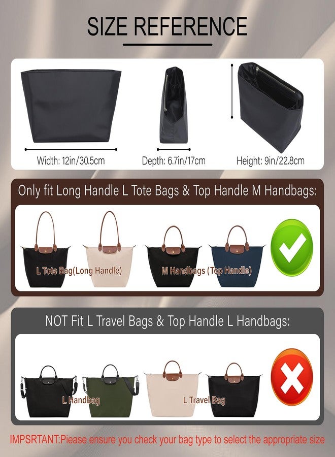 Doxo Nylon Purse Organizer Insert for Longchamp Le Pliage Tote Handbag, Large Long champ Organizer with 8 Compartments & Zipper Pocket & Bottle Holder, Lightweight Water-Resistant Bag insert (L,Black) - Image 2